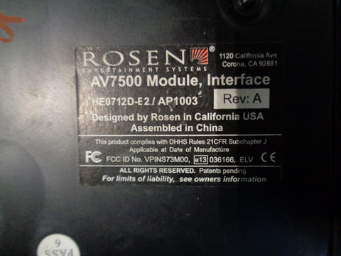 Rosen AV7500 Monitor DVD Games Module A/V Input Output Unit J10055